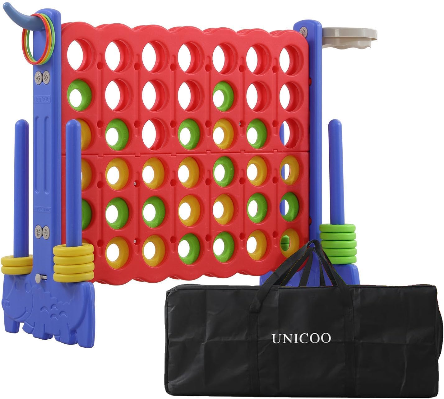 UNICOO Giant 4 in A Row Game with Carry Bag, Basketball Hoop, Ring Toss, 4-to-Score Game, Large Outdoor Yard, Parties & Gatherings (Blue & Red)