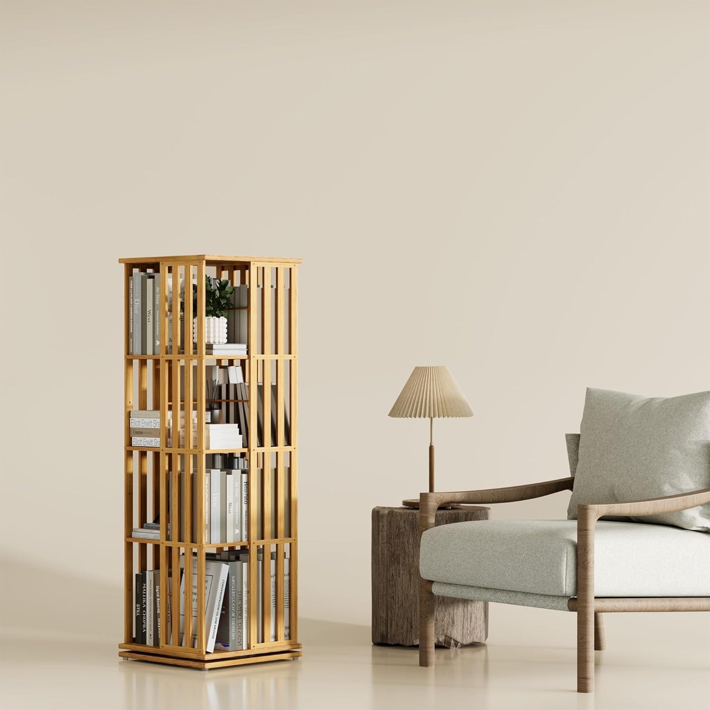 YOWOS Rotating Bookshelf Tower, 360 Display Spinning Bookcase, Bamboo Bookshelf Floor Standing Storage Rack, Wood Narrow Book Shelf Organizer for Kids&Adults (Nature, 4 Tier)