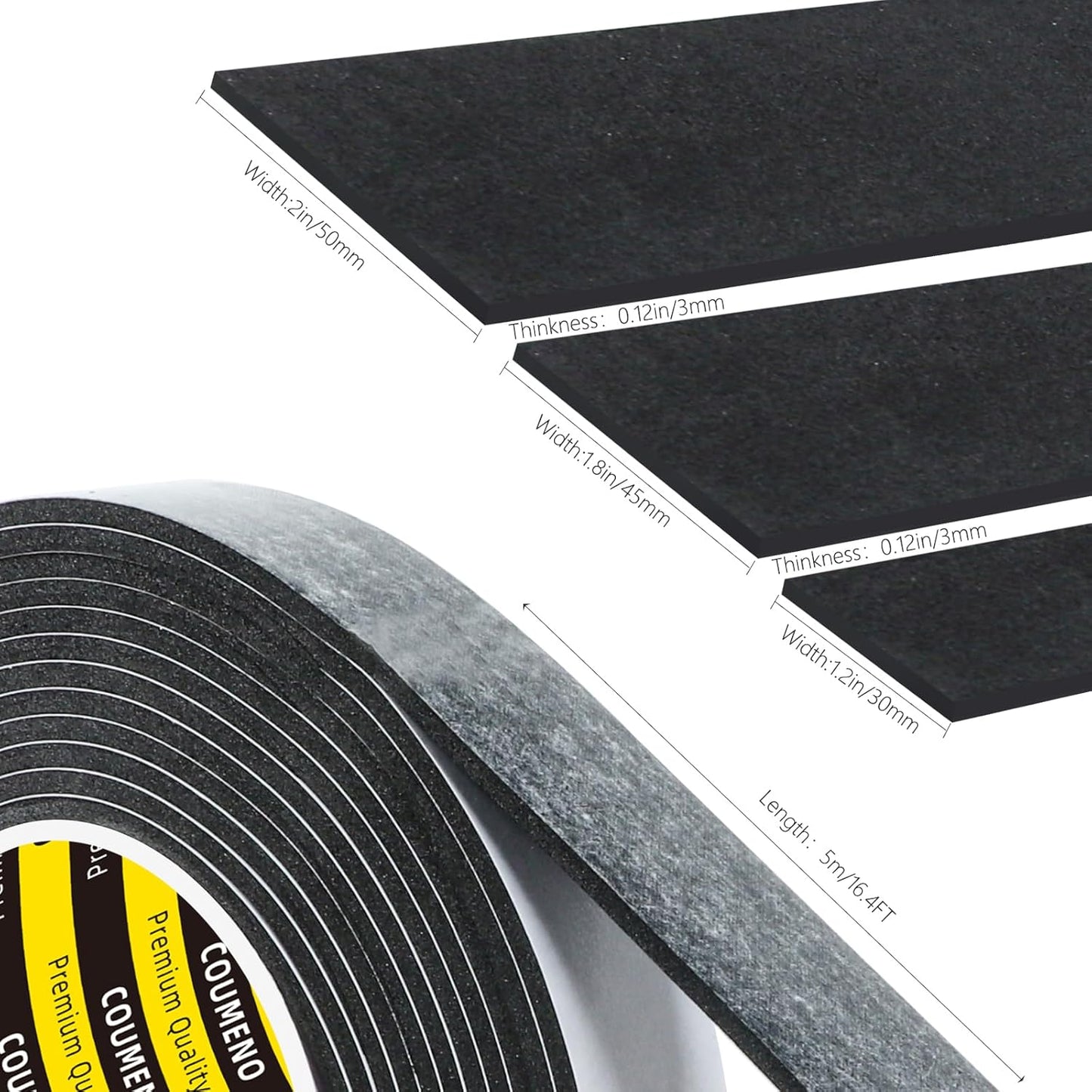 3 Pack EVA Single-Sided Adhesive Black Foam Tape,2inx16.4FT Single-Sided Sealing Strip Foam Pad Sponge Tape Window Weatherproof, Self-Adhesive Insulation Sealing Tape