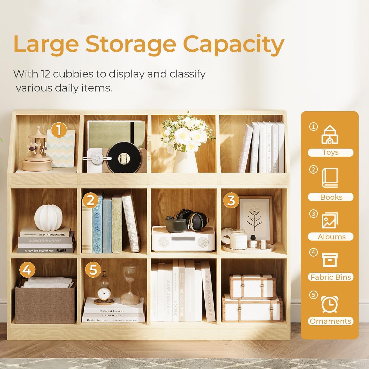 12-Cube Wooden Storage Bookcase - 11-Inch Open Shelf Cabinet, Simple Modern Bookshelf Organizer for Home Office, Living Room, Oak