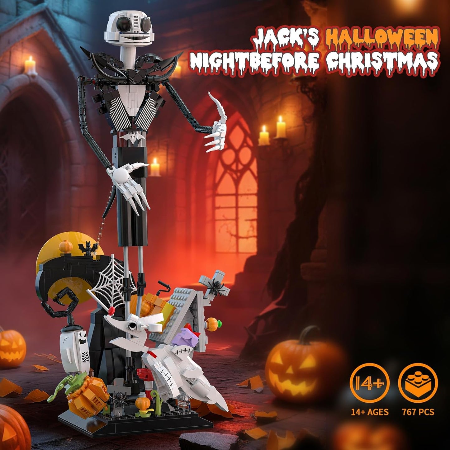 Horror Skull Building Set, Before Christmas Haunted House Building Blocks Set, Pumpkins and Skeleton Ghosts, Halloween Christmas Building Toys Gifts for Movie Fans Adults