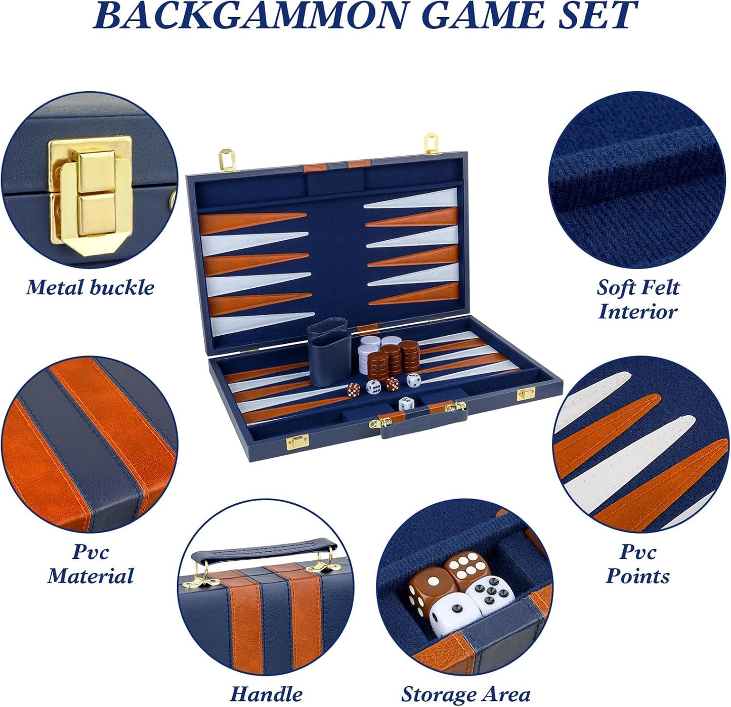 Backgammon Set 2 Players Classic Backgammon Sets for Adults Board Game with PU Leather Case Portable and Travel Backgammon Set (Navy, 18inch)