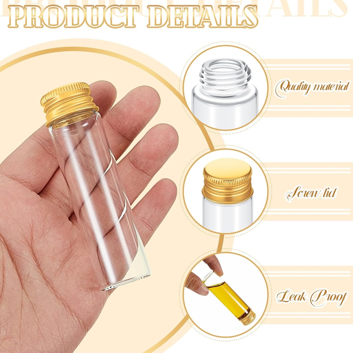 100 Pcs Small Clear Vials Spice Mini Jars with Lids Mini Glass Bottles with Screw Aluminum Metal Caps Tiny Jars Sample Containers for Powder Cream Cosmetic Jewelry Wedding (20 ml,Gold Caps)