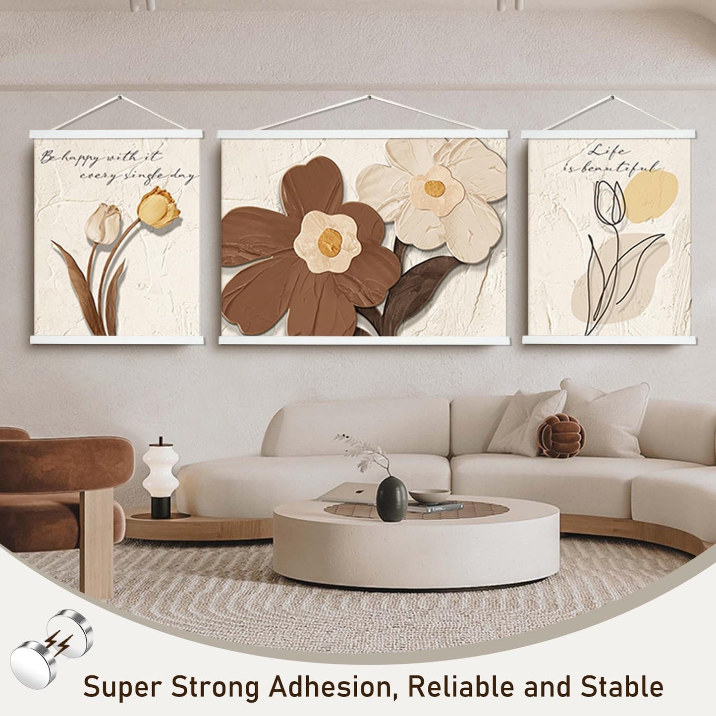 Artmag Magnetic Poster Hanger Frame, Light Wood Wooden Magnet Canvas Artwork Print Poster Hangers for 15x36 15x30 15x21 Frames Hanging Kit (White, 15")