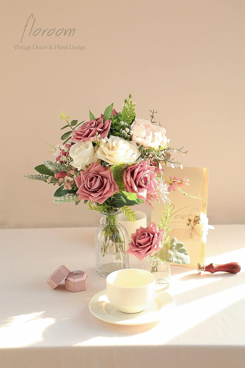 Floroom Artificial Flowers 16pcs 3.5" Real Looking Dusty Rose Foam Fake Hybrid Tea Roses with Stems for DIY Wedding Bouquets Bridal Shower Centerpieces Floral Arrangements Party Tables Home Decoration