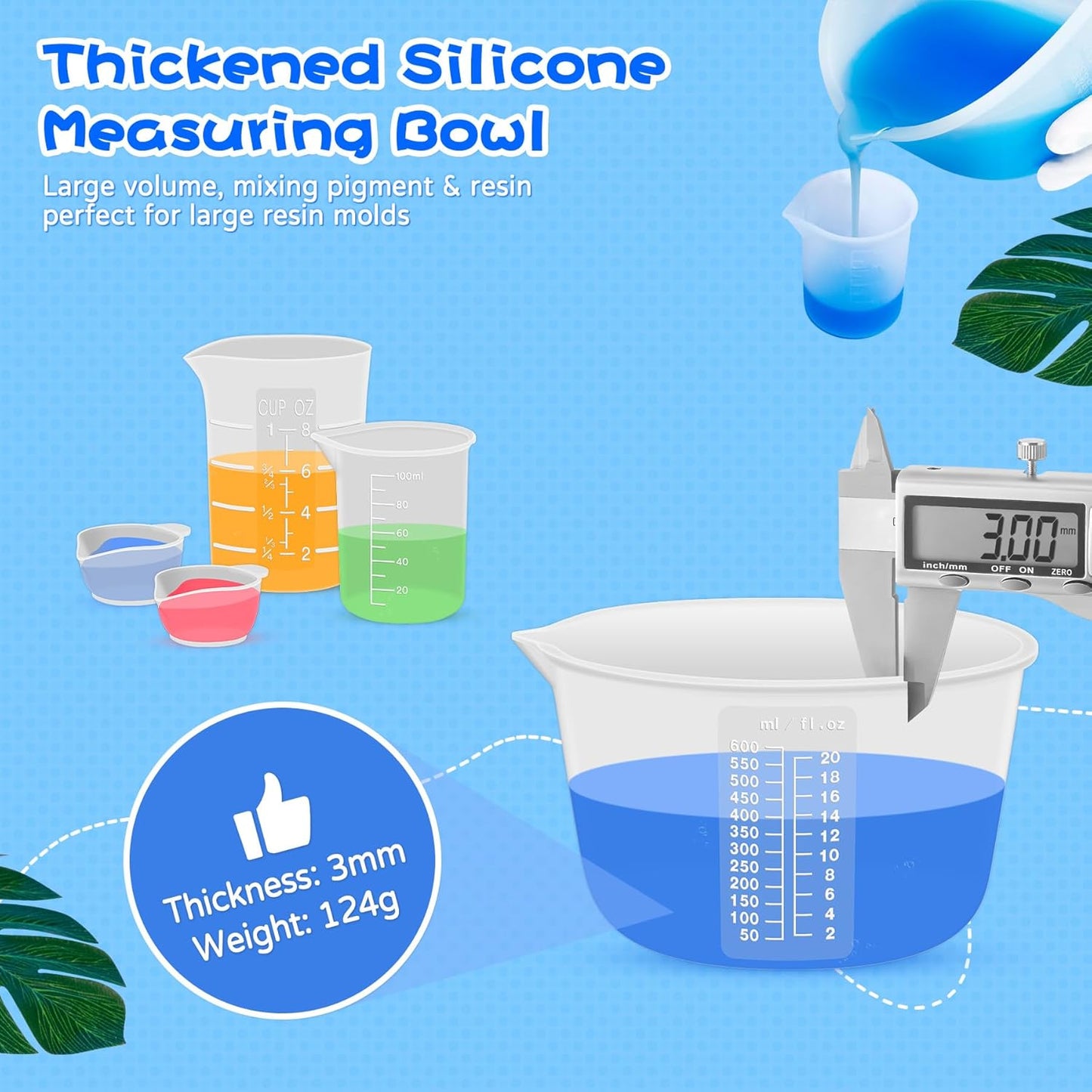 Silicone Resin Mixing Measuring Cups for Resin Supplies, 600ml/20oz Bowl, 250 & 100ml Thickened Reusable Silicone Cups for Epoxy Mixing, with Stir Sticks and Pipettes, Jewelry Making