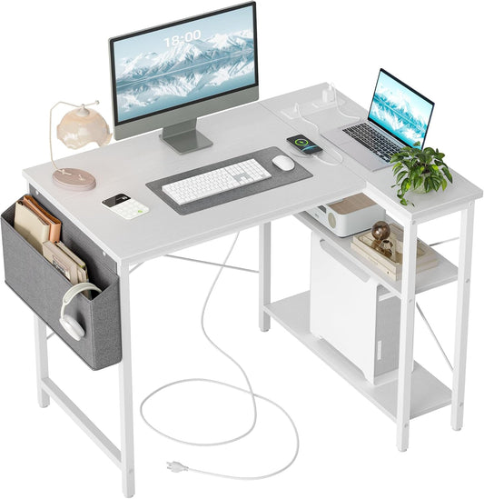 TIQLAB Small Computer Desk with Power Outlets, 40 Inch L Shaped Desk with Reversible Shelves, Gaming Desk Corner Desk Study Writing Desk for Home Office Bedroom Small Space, White