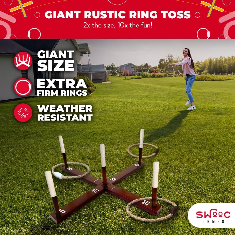 SWOOC Games - Rustic Ring Toss Game (All Weather) - Easy Setup & Extra Games Included - Ring Toss Game for Adults - Outdoor Acitivities for Adults - Yard Toys for Kids - Backyard Fun - Outdoor Party
