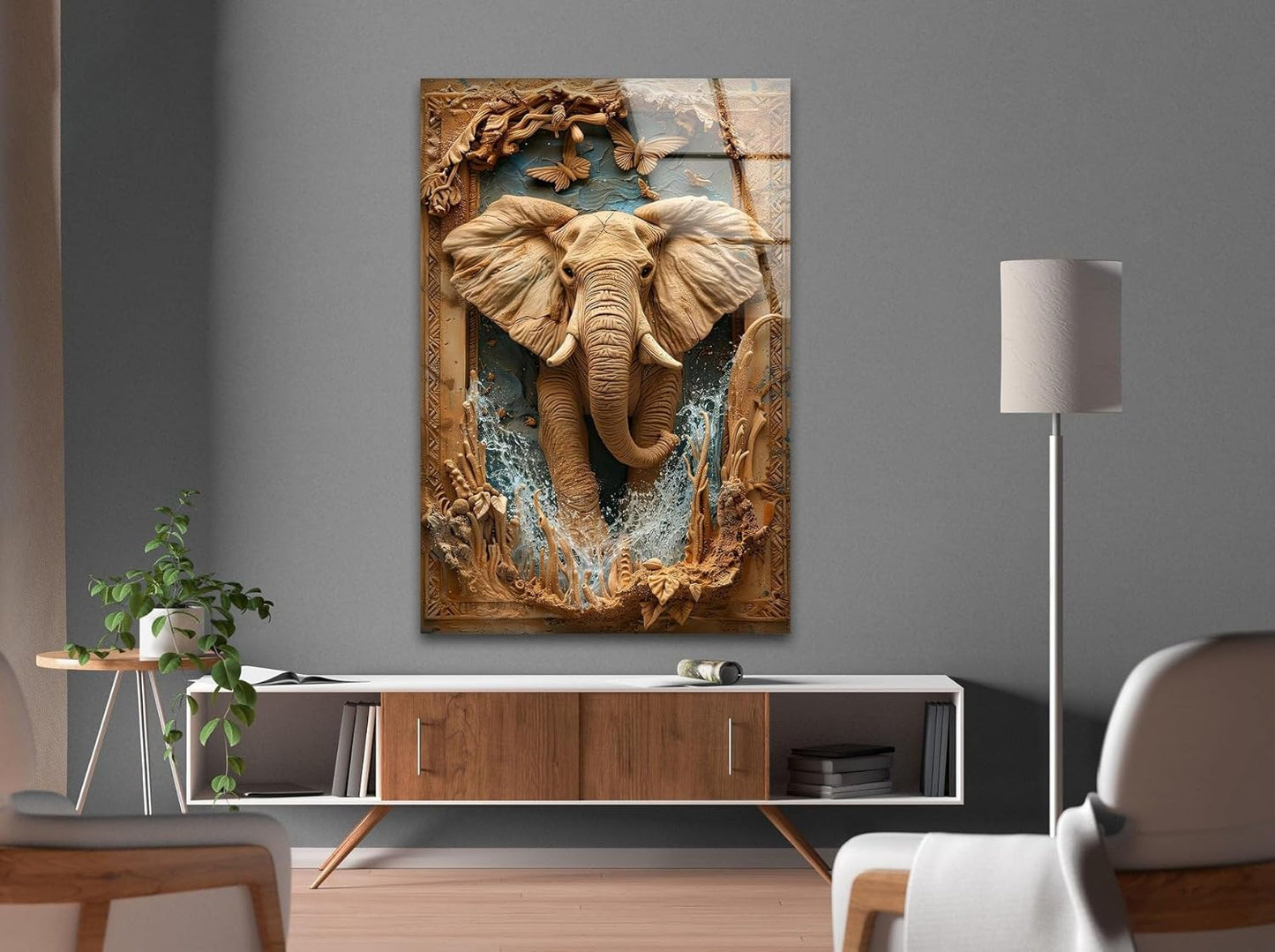 My Photostation.com 32Wx48H'' Elephant Carving Glass Wall Art Tempered Glass Printing Wall Decor Large Wall Art Wall Hangings