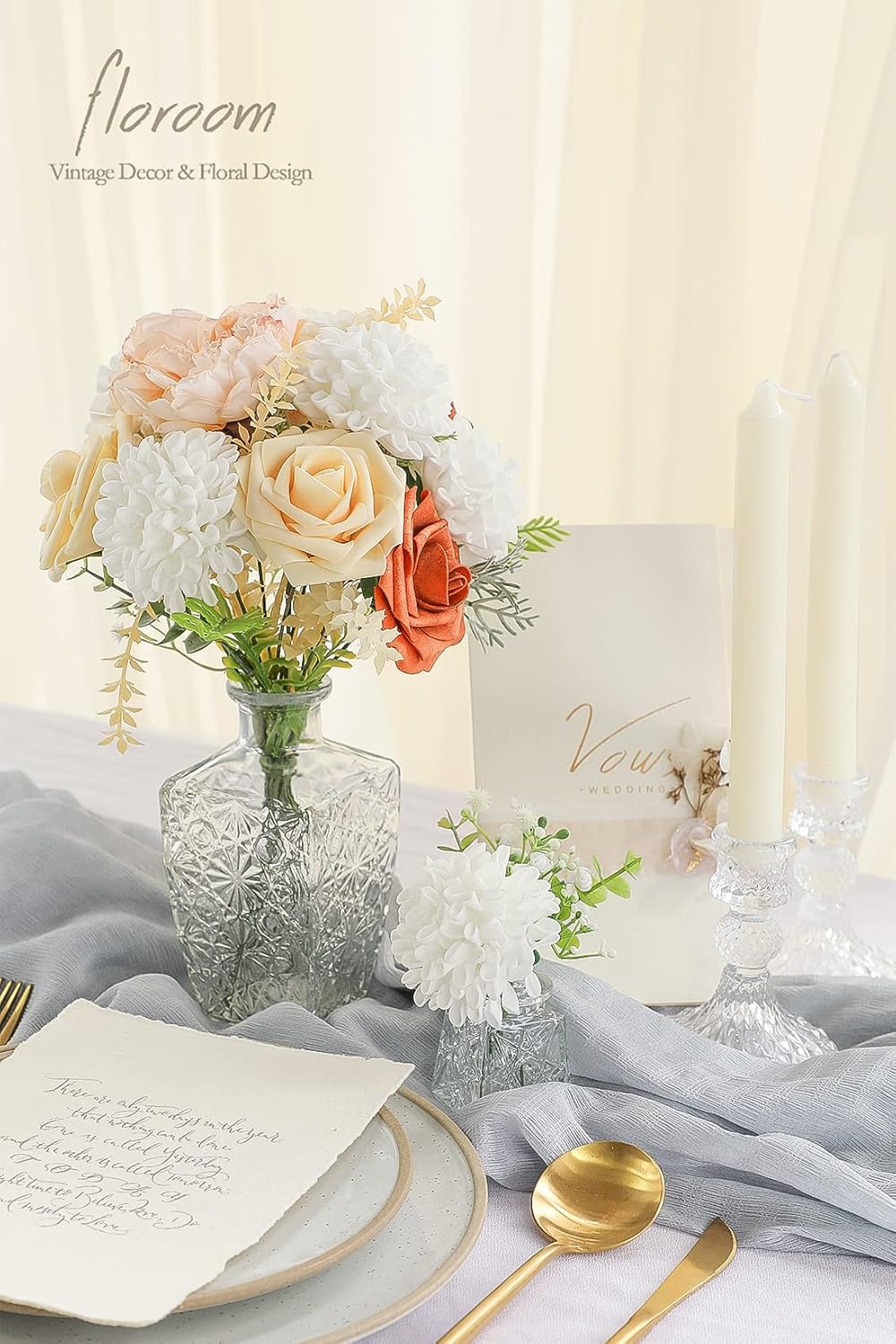 Floroom Artificial Dahlia Flowers 25pcs Real Looking White Foam Fake Roses with Stems for DIY Wedding Bouquets Bridal Shower Centerpieces Floral Arrangements Party Tables Home Decoration