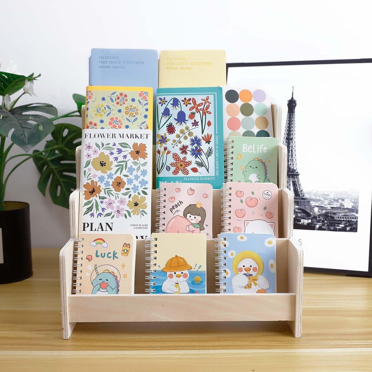 4-Tier Wooden Greeting Card Display Stand, Sticker Organizer Rack, Retail Counter Holder for Postcards and Photos& Stationery Vendors (Burlywood)