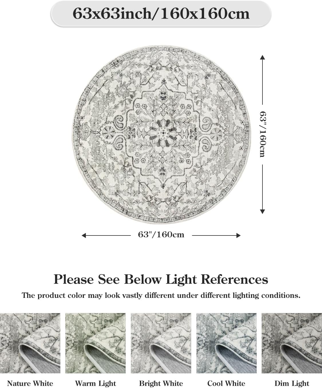 Lahome Round Rug 5'3"Ft, Soft Rugs for Living Room Machine Washable Rugs for Bedroom, Bohemian Medallion Non-Slip Non-Shedding Print Indoor Carpet for Entryway Bathroom Coffee Table, Beige