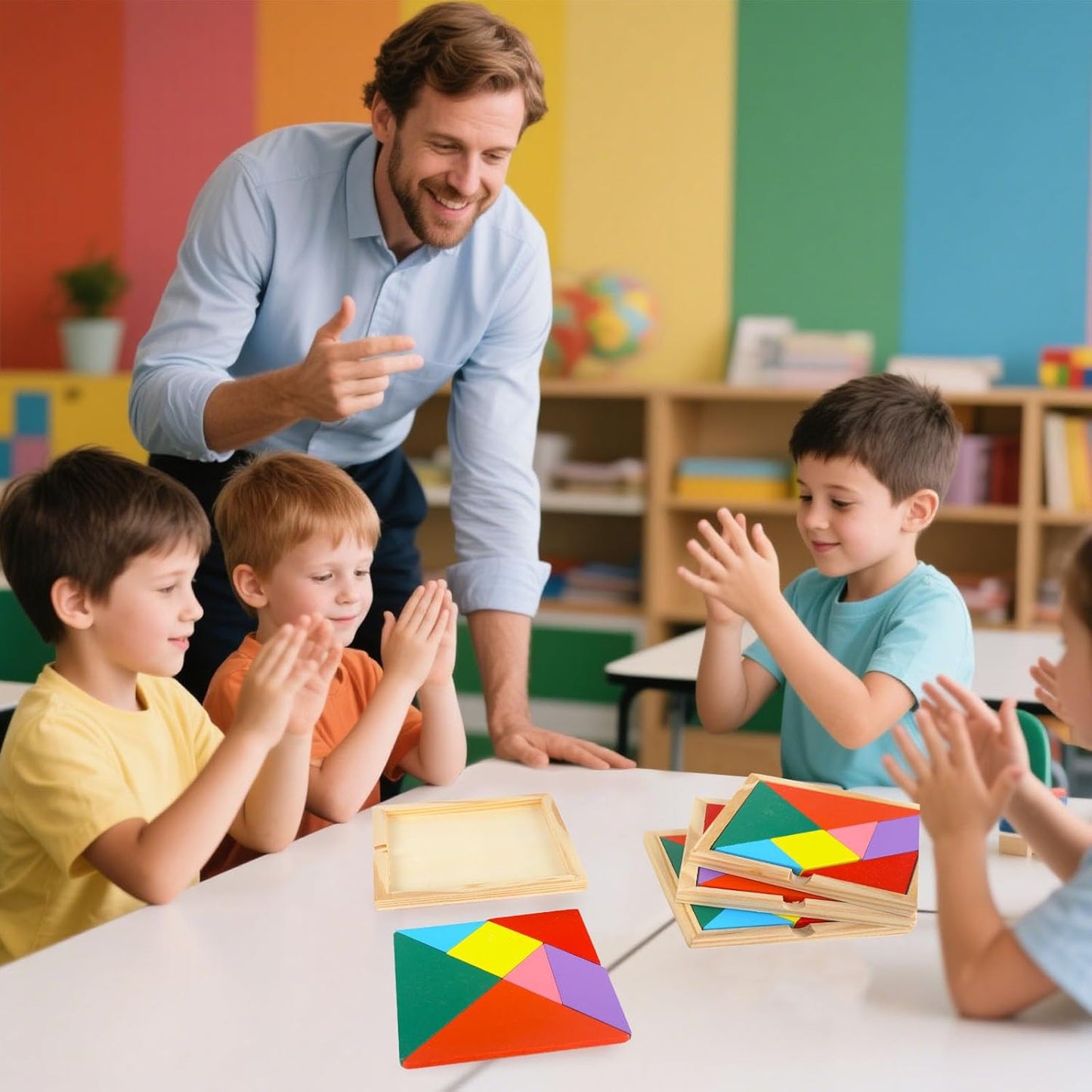 3 otters Wooden Tangram Puzzles for Kids, Educational Shape Puzzle Toys, STEM Montessori Brain Logic Blocks, 4 Pack