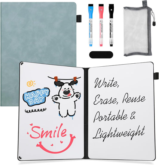 AGM Portable White Board Dry Erase Notebook, 12" x 9" Double Sided Folding Whiteboards with 3 Pens, Small Travel Dry Erase Board Skin-friendly Material for Study, Meeting, Planning, Ocean Blue