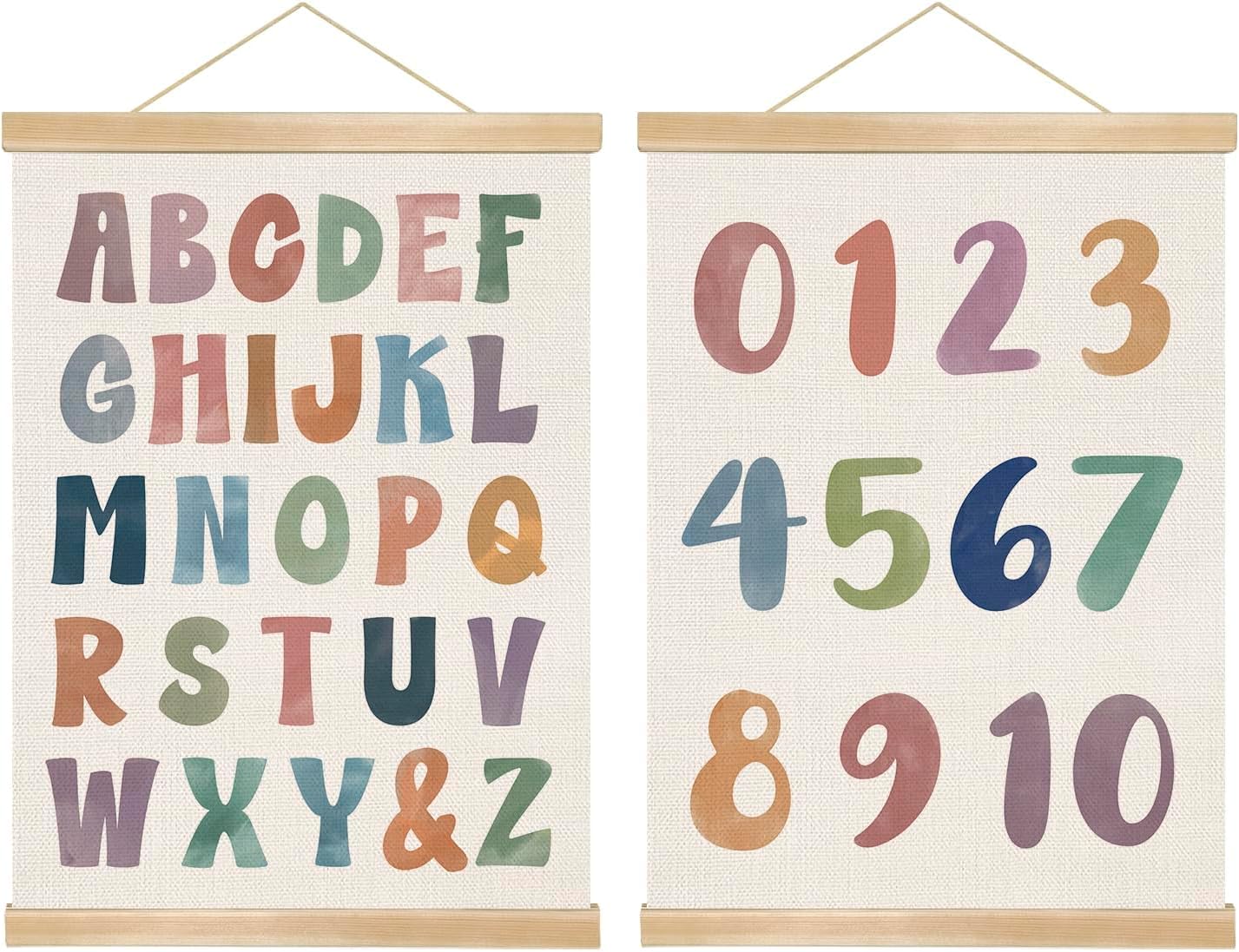2-Pack Alphabet and Number Posters for Kids,Modern ABC and 0-10 Wall Chart Set on Natural Linen,Educational Decor for Toddlers, Preschool Classroom, Nursery, Playroom 14x18.5In (ABC+123)