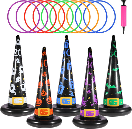 Halloween Ring Toss Game Set, 5Pcs Inflatable Witch Hats with 10Pcs Colorful Plastic Rings and Air Pump for Halloween Party Games Super Fun Indoor Outdoor Party Supplies