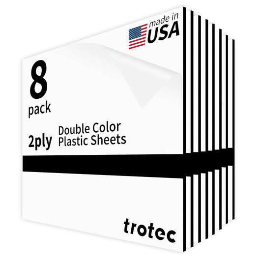 Trotec TroLase | 12"x12"x1/8", 8 Pcs | White/Black | 2 Ply | Modified Acrylic | Laser Engraving Double Color Plastic Sheet | Engraving Blanks for Laser, Saw, Guillotine | Made in USA