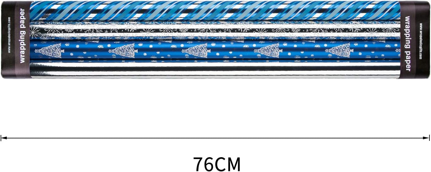 WRAPAHOLIC 30 Inch Christmas Wrapping Paper Roll - Jumbo Roll Blue and Silver Snowflake and Stripe Set with Metallic Foil Shine - 4 Rolls - 30 Inch x 120 Inch Per Roll