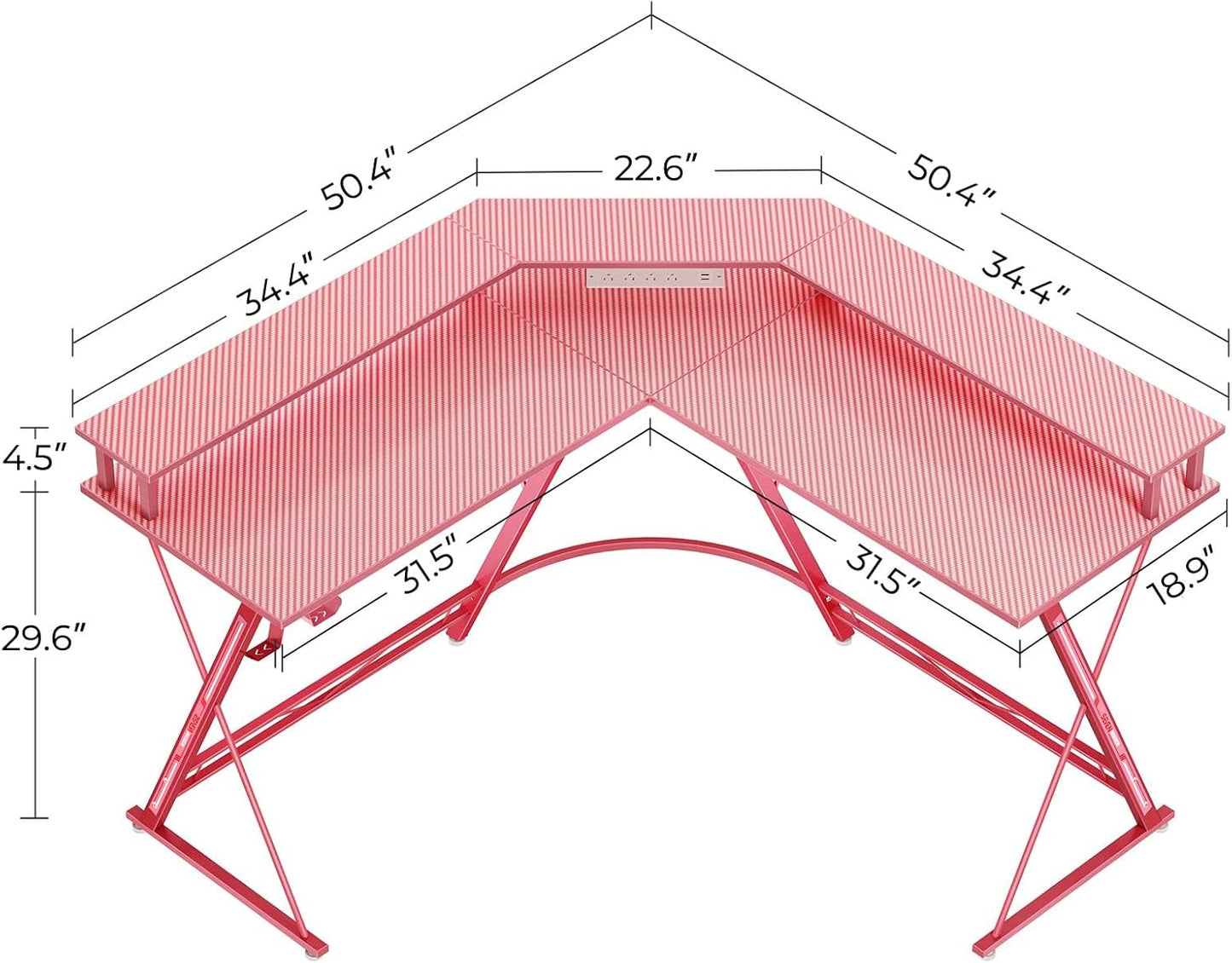 SEVEN WARRIOR Gaming Desk 50.4” with LED Light & Power Outlets, L-Shaped Gaming Desk Carbon Fiber Surface with Monitor Stand, Ergonomic Gamer Table with Headphone Hook, Pink