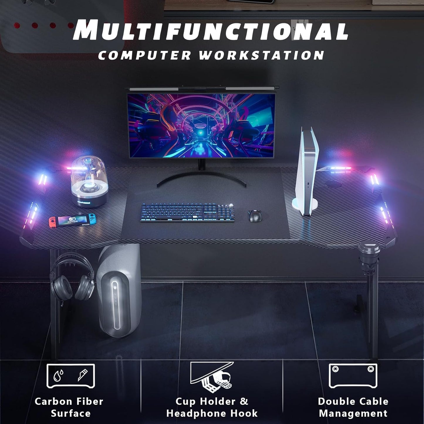 HLDIRECT 63 Inch Gaming Desk with LED Lights Carbon Fibre Surface Gaming Table Large Computer Desk Ergonomic Home Office Desks Z Shaped PC Gamer Workstations with Cup Holder & Headphone Hook Black