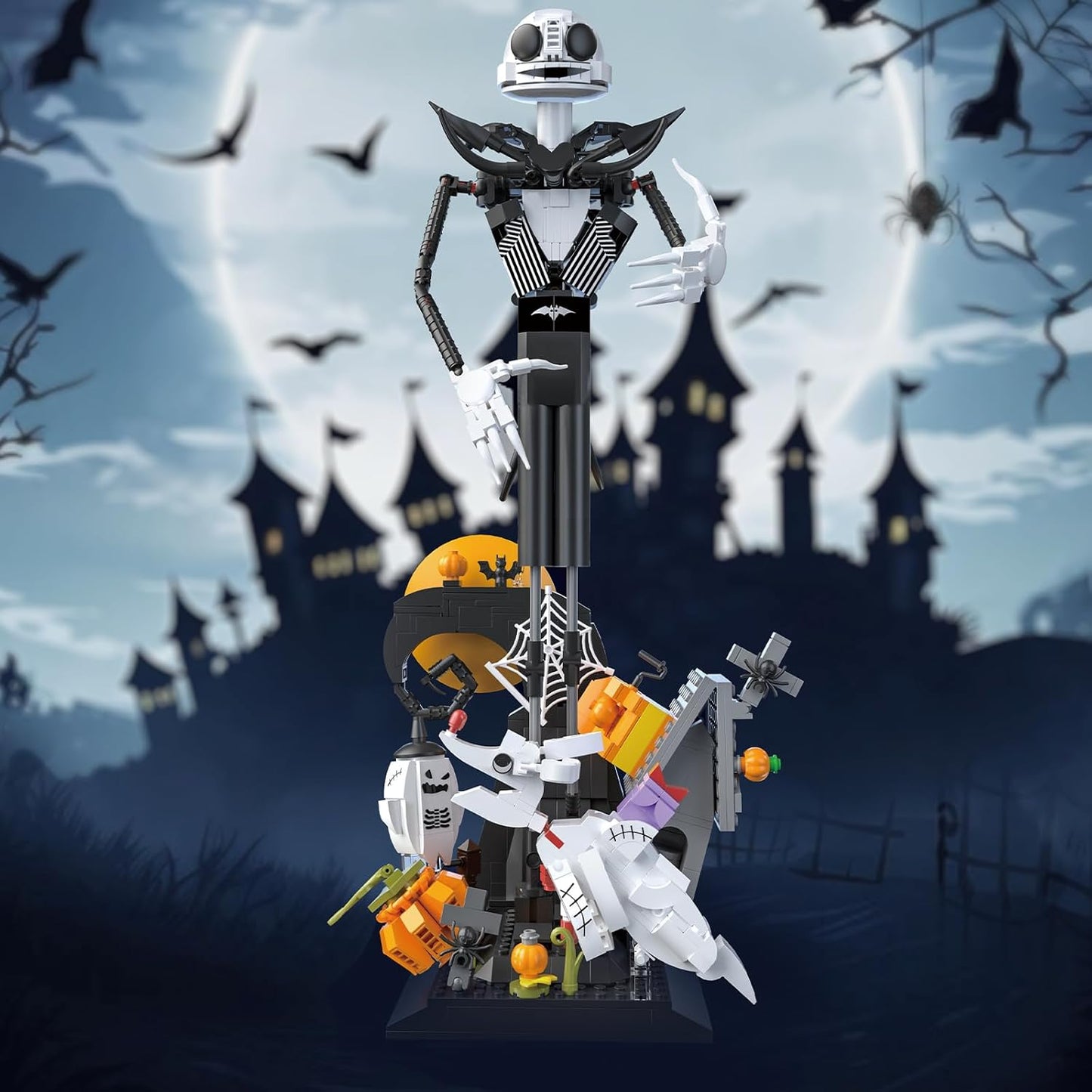 Horror Skull Building Set, Before Christmas Haunted House Building Blocks Set, Pumpkins and Skeleton Ghosts, Halloween Christmas Building Toys Gifts for Movie Fans Adults