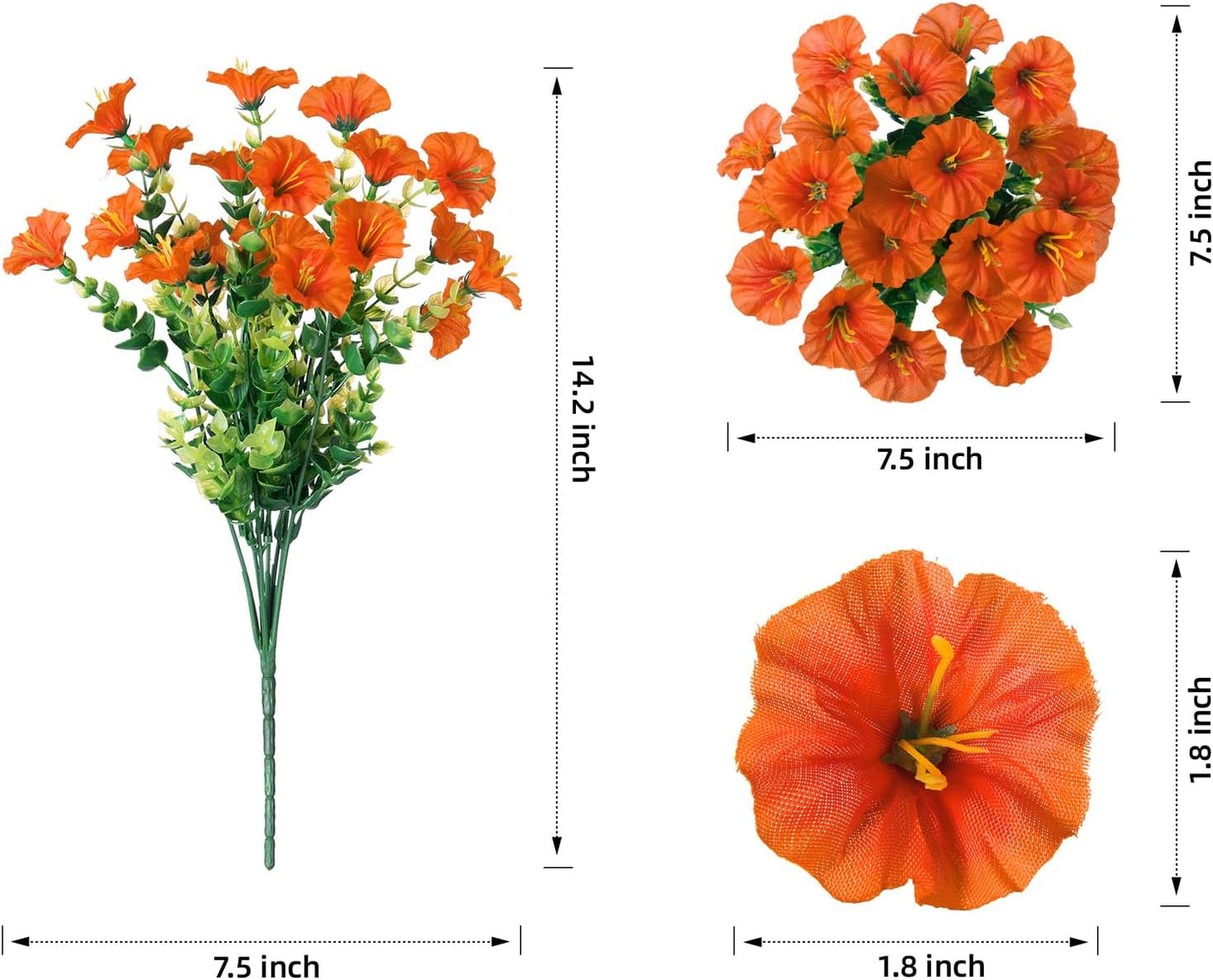 Fake Fall Flowers Artificial Flowers Plants for Outdoors Autumn Decoration, 12 Bundles Orange Silk Morning Glory with Eucalyptus Realistic UV Resistant Faux Flower Greenery for Outside Yard Garden