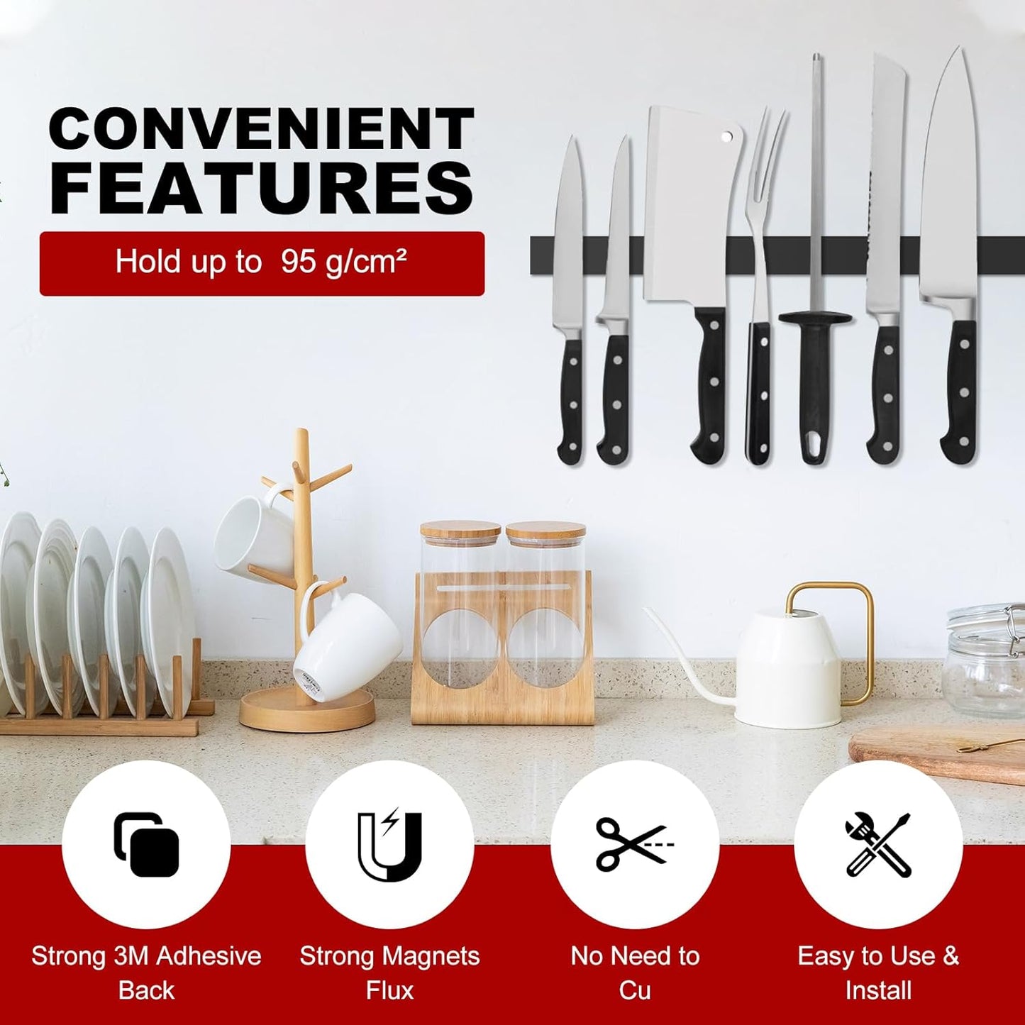 Magnetic Strip, Flexible Magnetic Strips with Adhesive Backing (10 Pack, 6" x 1") Strong Sticky Magnetic Tape for Kitchen, Garage and Garden - Adhesive Knife Magnet Tape Strip Holder Strip for Wall