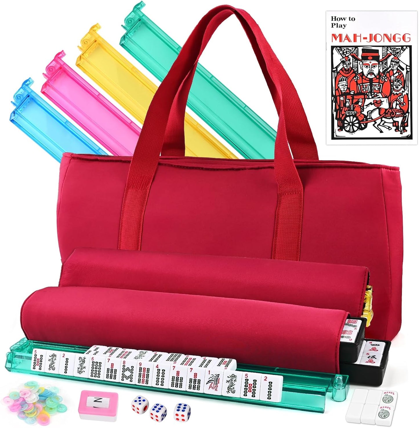 American Mahjong Tile Set – 166 White Tiles, 4 All-in-One Color Racks with Pushers, 3 Dice, Portable Red Carrying Bag – Complete Mahjong Game Set