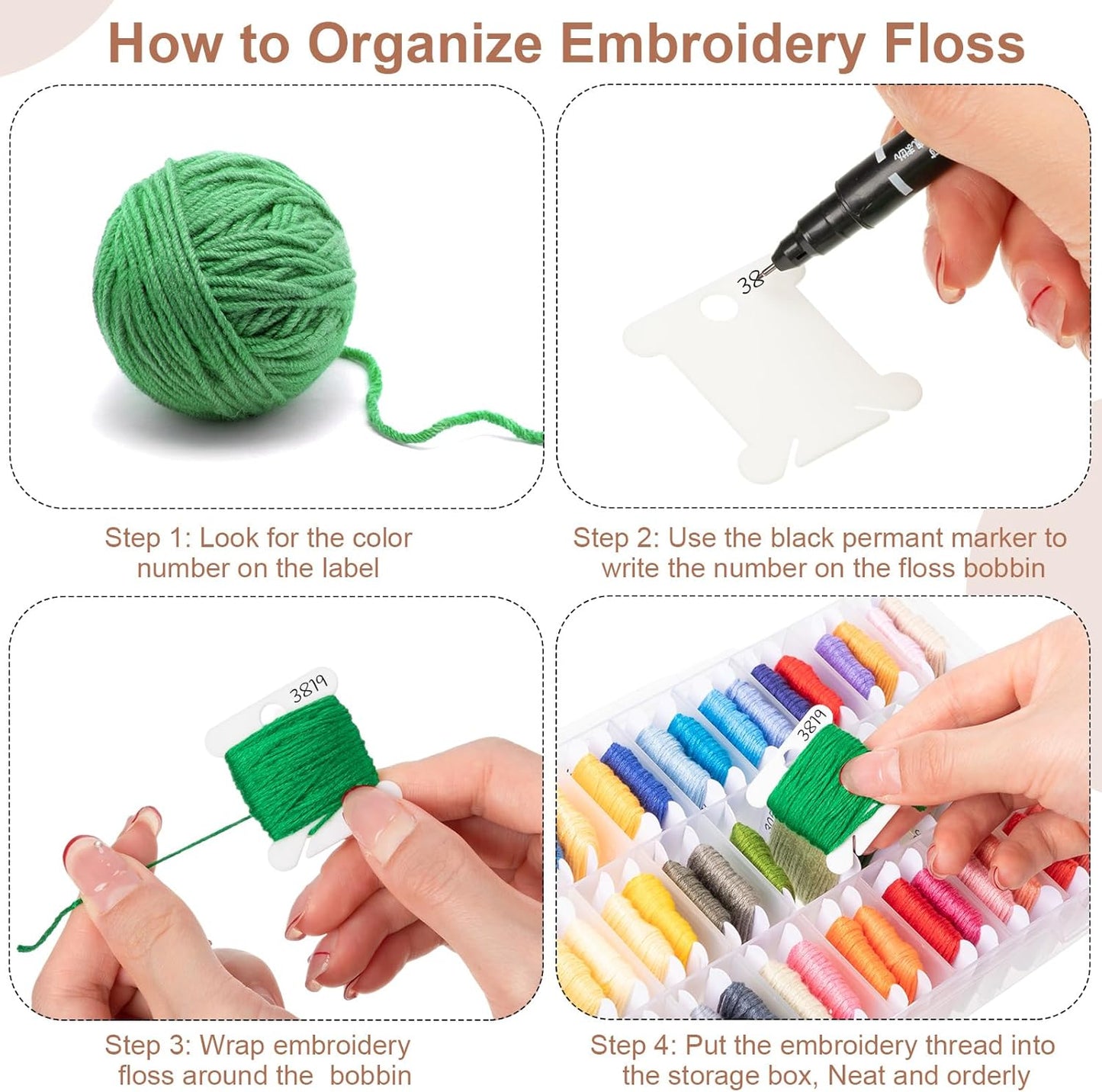 GlikCeil 256 Pcs Embroidery Floss Organizer Kit - 2 Removable 24-Grid Thread Storage Boxes with Plastic Bobbins, 2 Bobbin Winders, Twin-tip Markers for Cross Stitch, DIY Sewing, Craft Storage