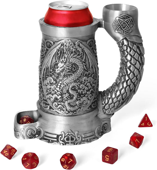 Dice Tower Mug, Dice Rolling Tower, Comes with 7 PCS Dice Set, Suitable for DND Dungeons and Dragons, Tabletop Games, Available As Drink Holder, D&D Gifts, DND Accessories (Silver-Dragon)