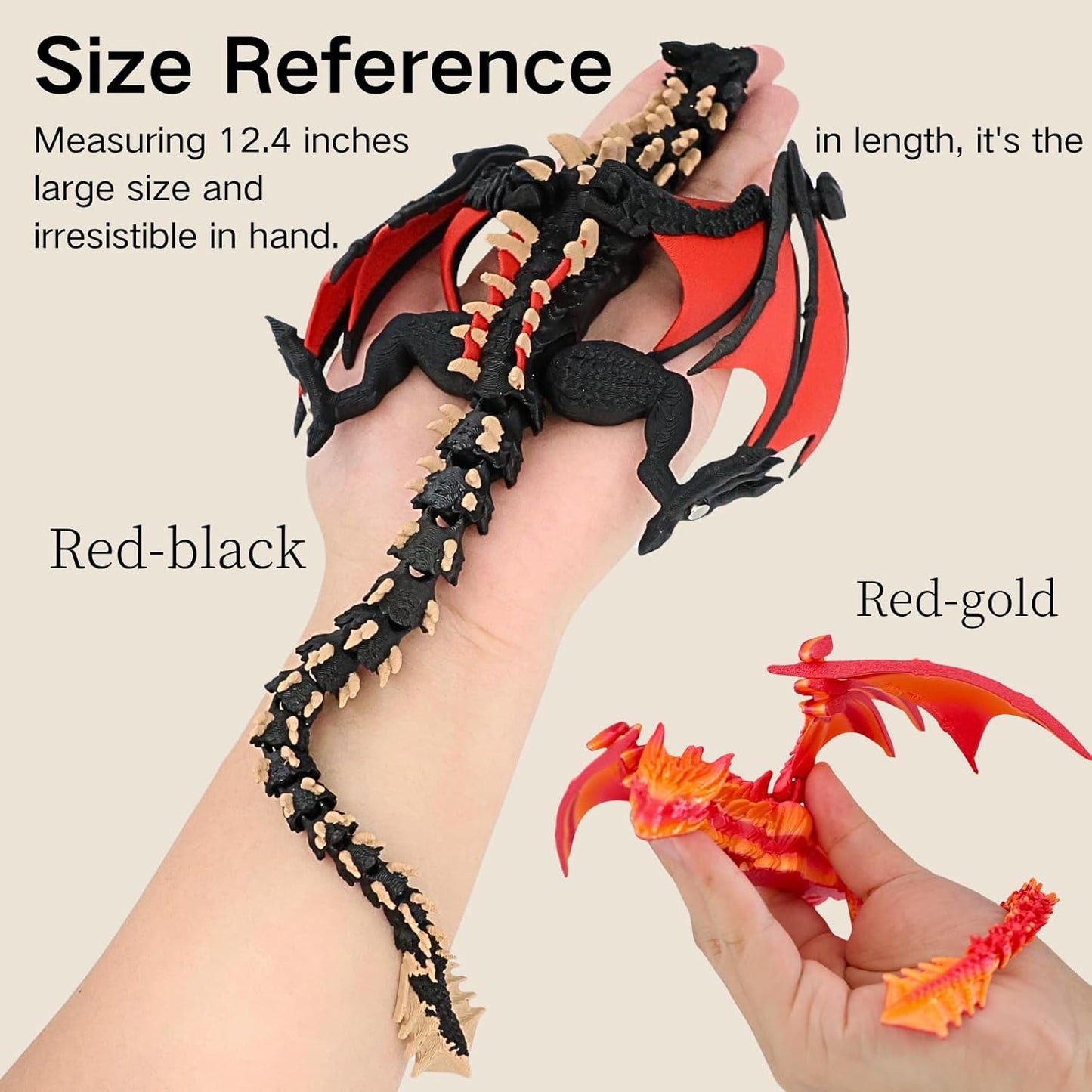 3D Printed Dragon - 12 inch Flying Flexible Dragon with Wings, Home Decor, Birthday Gift, Desk Pet(Red Black-Dragon)