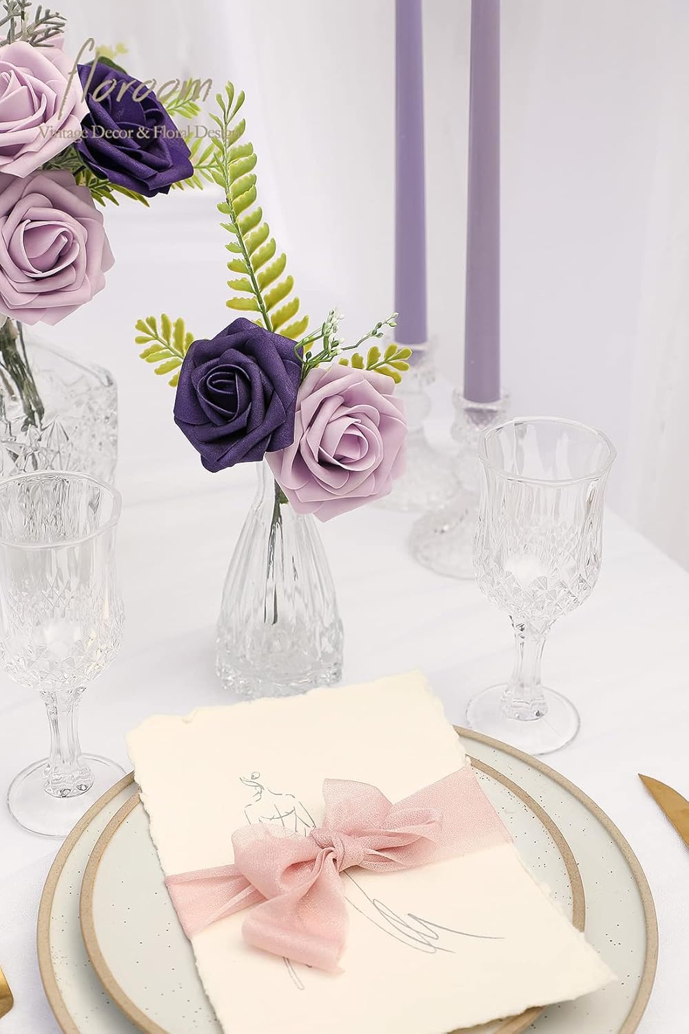 Floroom Artificial Flowers 25pcs Real Looking Lilac & Purple Foam Fake Roses with Stems for DIY Wedding Bouquets Bridal Shower Centerpieces Floral Arrangements Party Tables Home Decorations