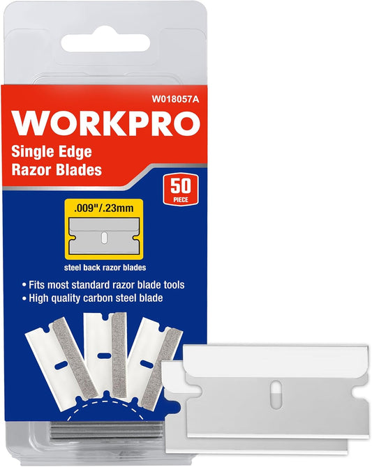 WORKPRO 50-Pack Single Razor Edge Blades, Industrial Scraper Razor Blades, High Carbon Steel One Edge Razor Blades