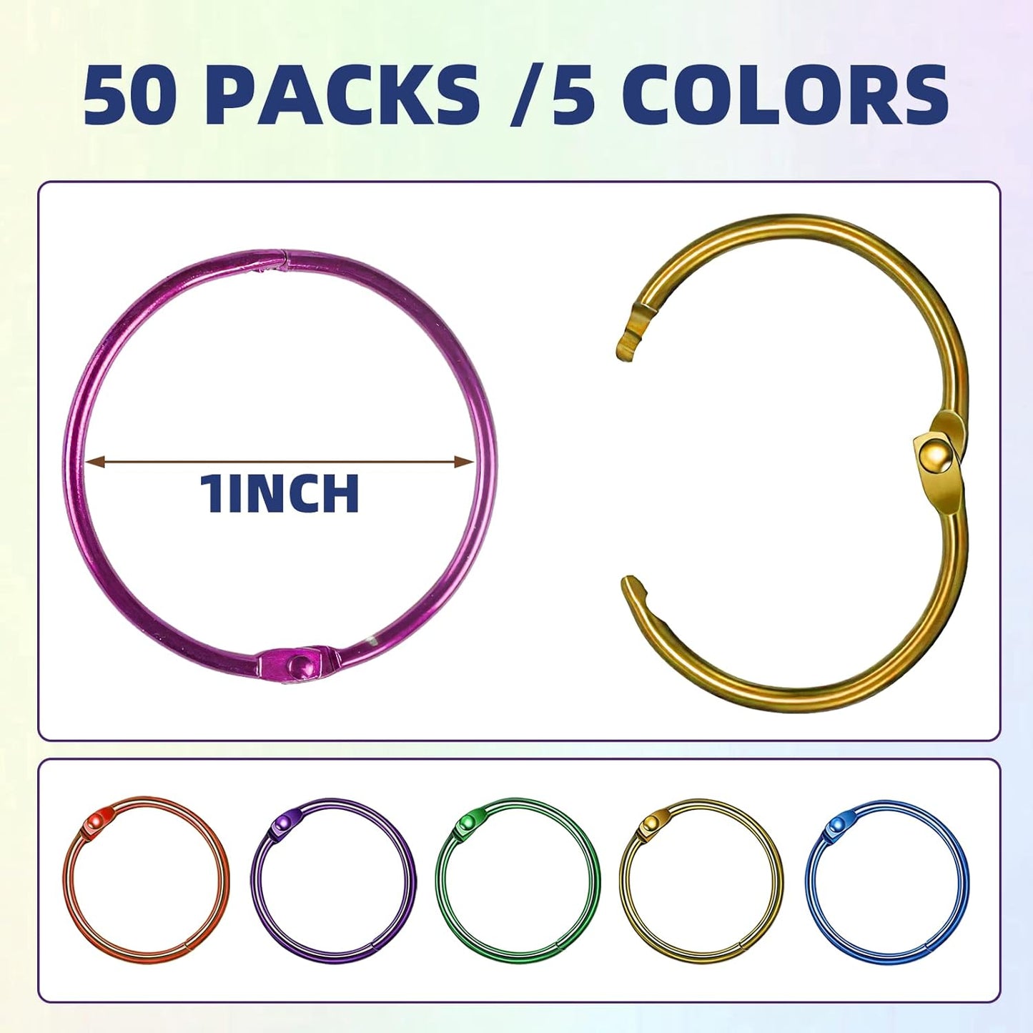OWLKELA 1 Inch Binder Rings, Office Book Rings, Loose Leaf Rings, 50 Pcs Metallic Assorted Colors
