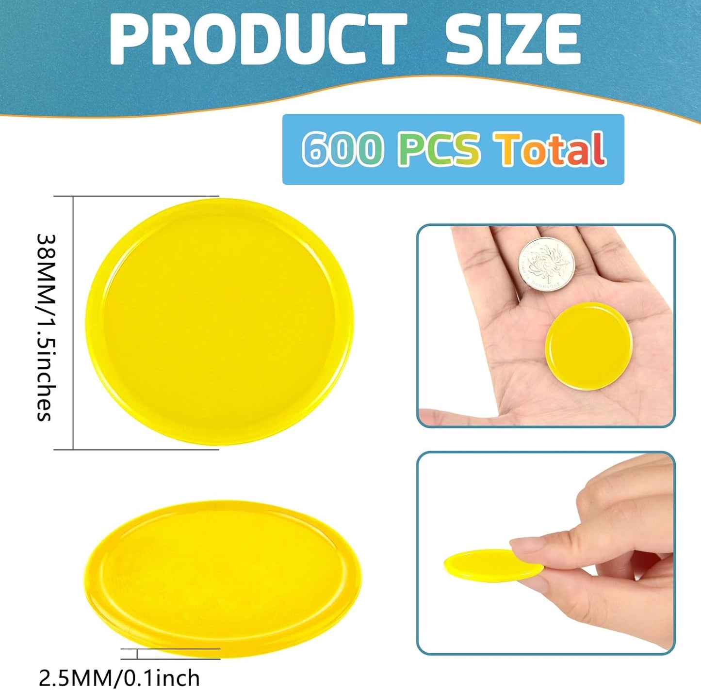 Coopay 600 Pieces Plastic Poker Chips Learning Counters Disks Bingo Chip Counting Discs Markers for Math Practice and Poker Card Game Tokens, Teaching Rewards, 38 mm/ 1.5 Inches (Yellow)