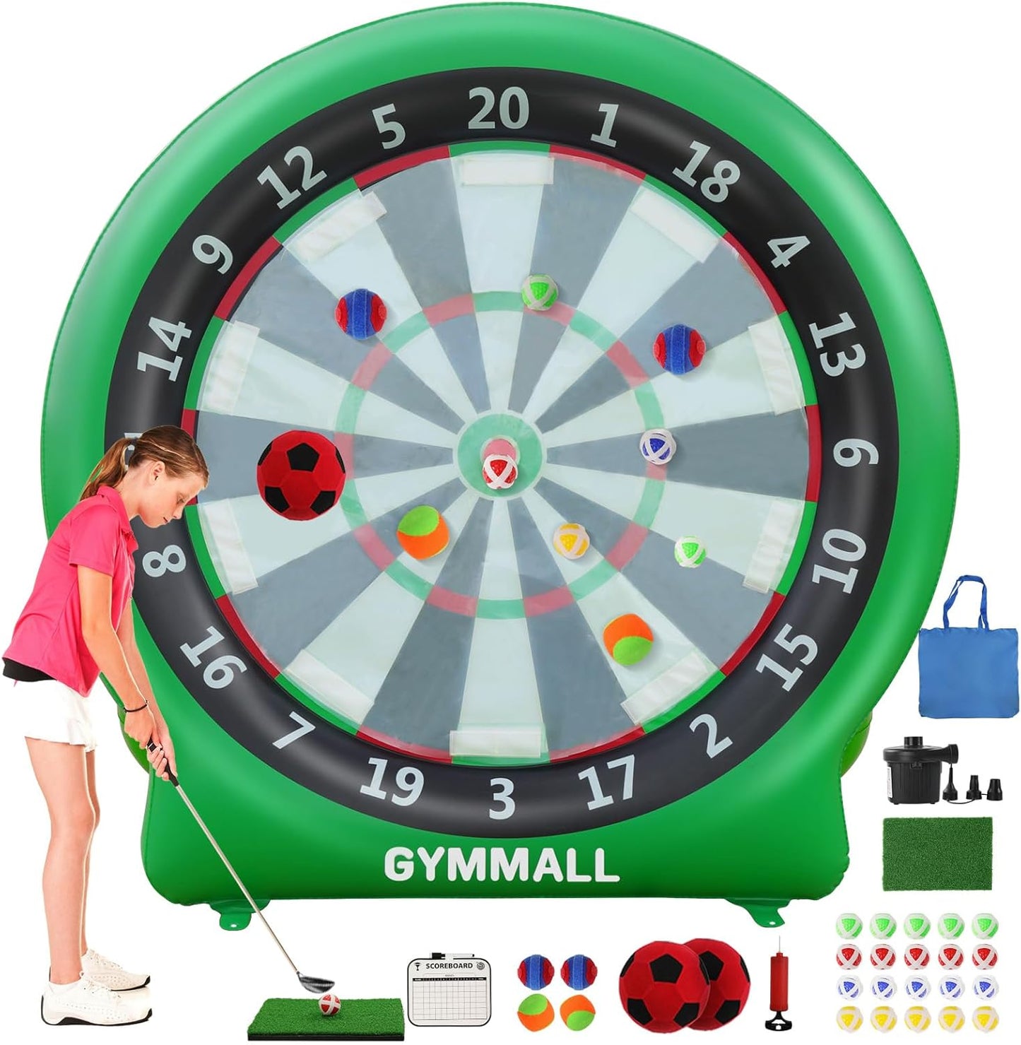 Giant Dart Board Inflatable with Pump, Outdoor and Indoor Soccer Sport Kick Dartboard for Kids and Adults, Waterproof Darts Board Yard Game with 20 Golf Balls, 4 Sticky Balls, 2 Soccers