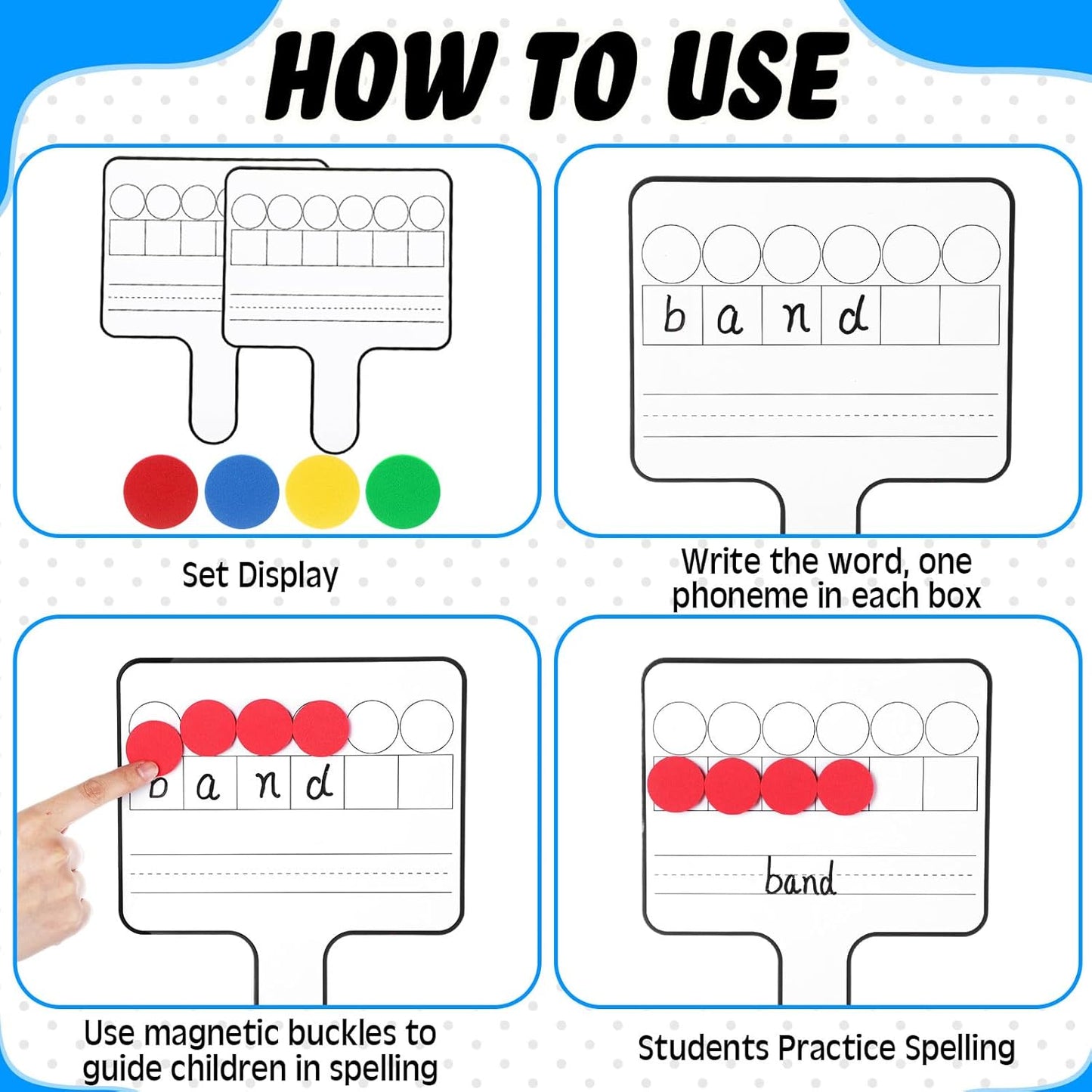Seajan 9 Pcs Magnetic Paddle Set Education Dry Erase Double Side Handheld Answer Board with Magnetic Counters Discs Phonemic Awareness Phonics Games Toy for Students Kids Teaching Supply (Black)