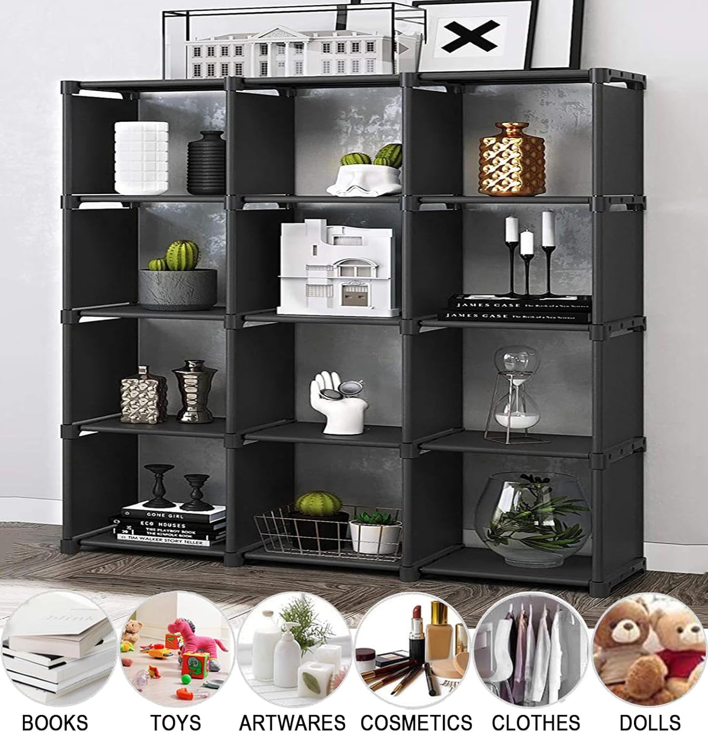 12 Cube Storage Organizer Book Shelves, DIY Open Stackable Bookshelf, Extra Large Plastic Bookcase Rack for Bedroom, Living Room, Home Office