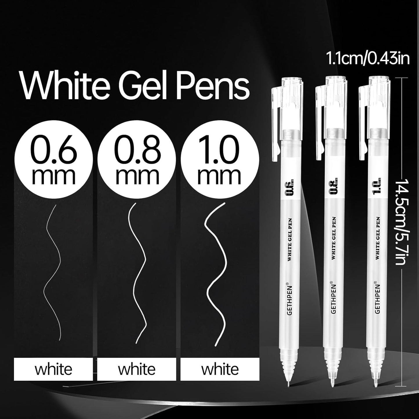 White Gel Pens 3-Pack - 0.6/0.8/1.0mm Fine to Bold Tips for Journaling & Art - Opaque Ink on Dark Paper, Holiday Cards & DIY Gifts