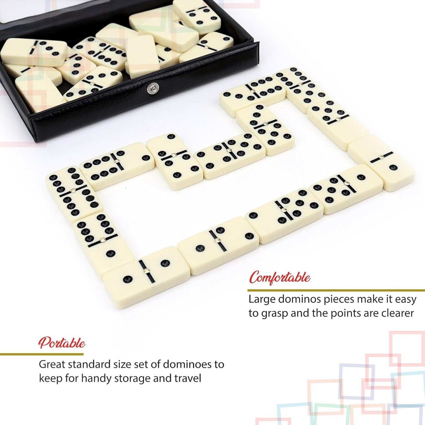 ERLLE - Premium Double 6 Dominoes Set, Classic Domino Game with Vinyl Case, Tiles for Adults & Kids, Mexican Train & Family Game Night