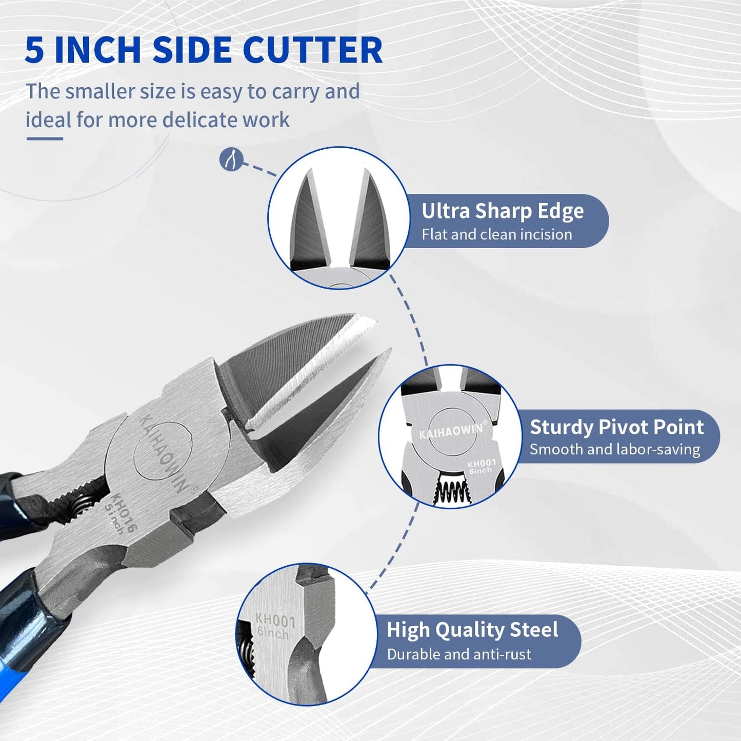 Wire Cutters 5", 5 Pack KAIHAOWIN Precision Flush Cutters Ultra Sharp Wire Cutters for Crafting Side Cutters Wire Snips Spring Loaded Dikes Wire Cutter for Jewelry Making, Blue with Black Handle