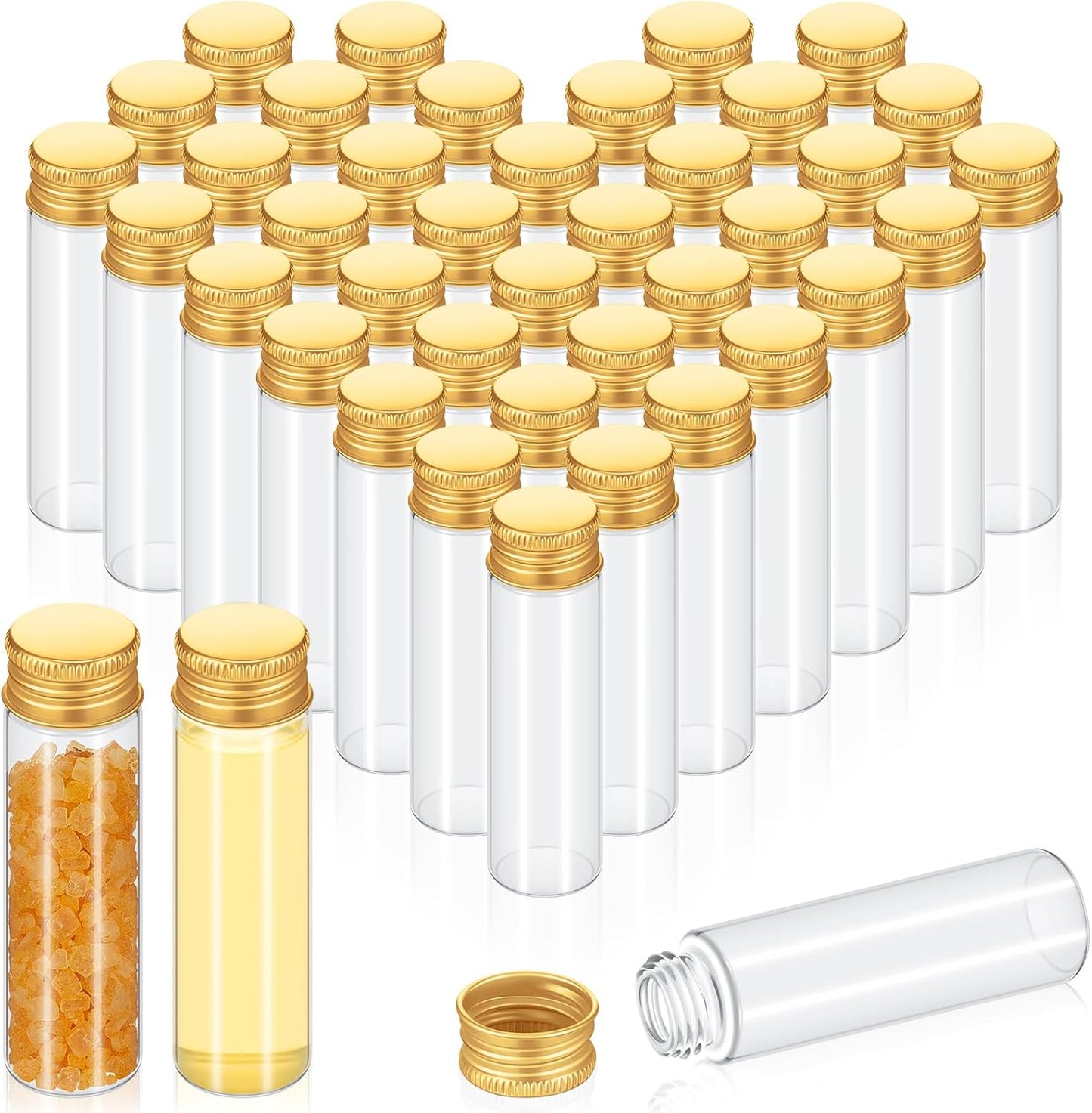 100 Pcs Small Clear Vials Spice Mini Jars with Lids Mini Glass Bottles with Screw Aluminum Metal Caps Tiny Jars Sample Containers for Powder Cream Cosmetic Jewelry Wedding (20 ml,Gold Caps)