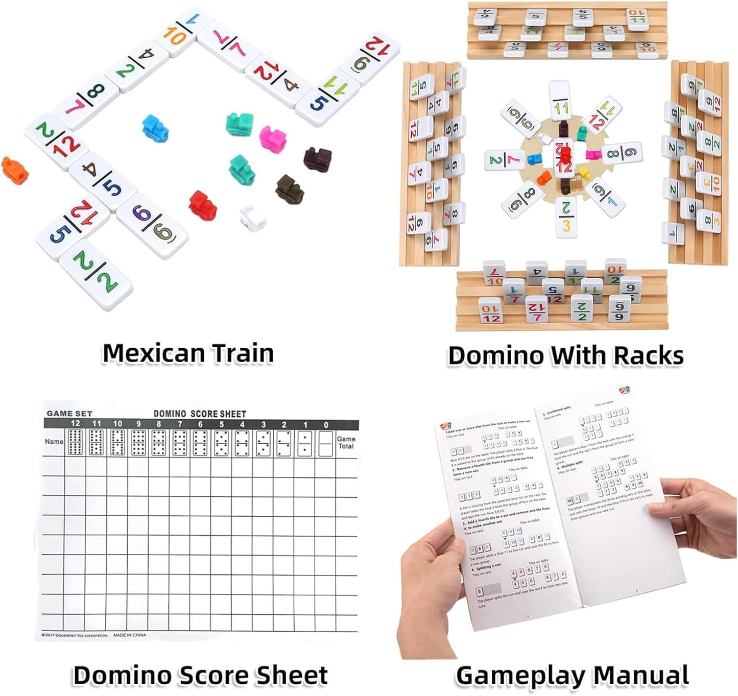 Mexican Train Dominoes Set with Numbers and 8 Wooden Holders, Double 12 Dominos Set for Kids, Adults Travel Domino Train with 91 Tiles and Upgrated Hub, Classic Board Games for Family Night
