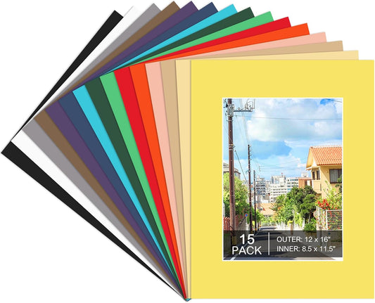 15 Pack 12x16 Picture Mats, Mixed Colors Frame Mattes for 9x12 Pictures Photo Frame Mat Core Bevel Cut Mat Board Show Kit for Photos, Prints, Artworks