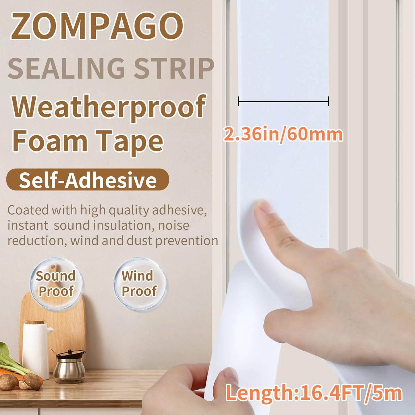 EVA Self - Adhesive Foam Tape |16.4ft Length, 2.4in Widths,White,| Winter - Ready Waterproof, Dustproof, Soundproof Weather Stripping for Windows, Doors & More to Block Chilly Drafts