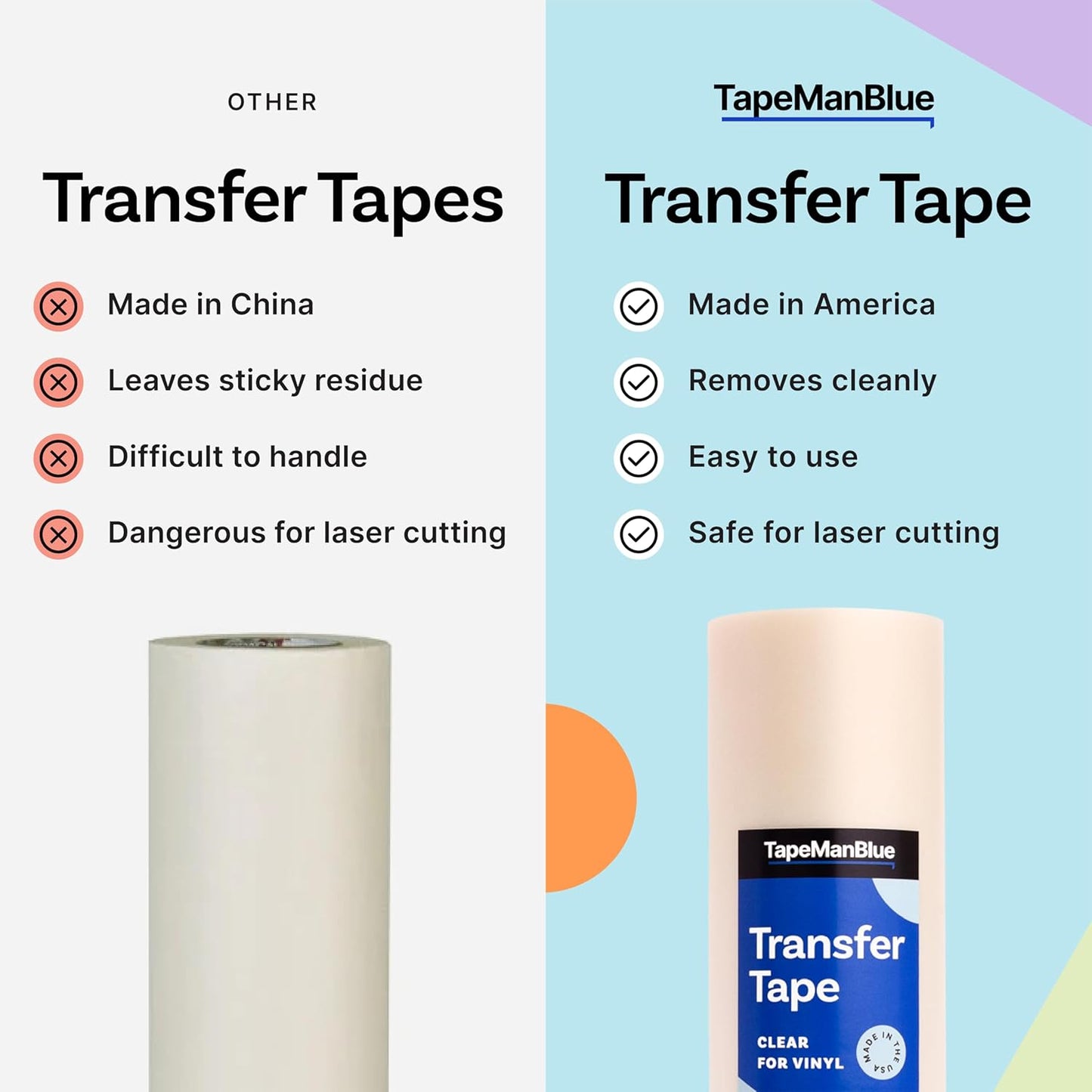 TapeManBlue Clear Transfer Tape for Vinyl, 12" x 50' Roll, Made in America, Premium Vinyl Transfer Tape for Crafts, Decals, and Letters