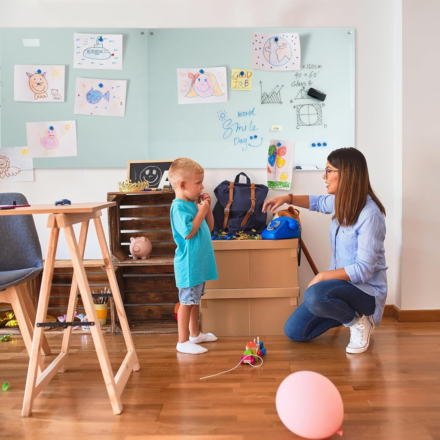 Magnetic Whiteboard Glass Writeboard 40"x60" Tempered Glass Dry Erase Board Wall Mounted Frameless Glass Whiteboard Writing GlassBoard for Office School Home (White)