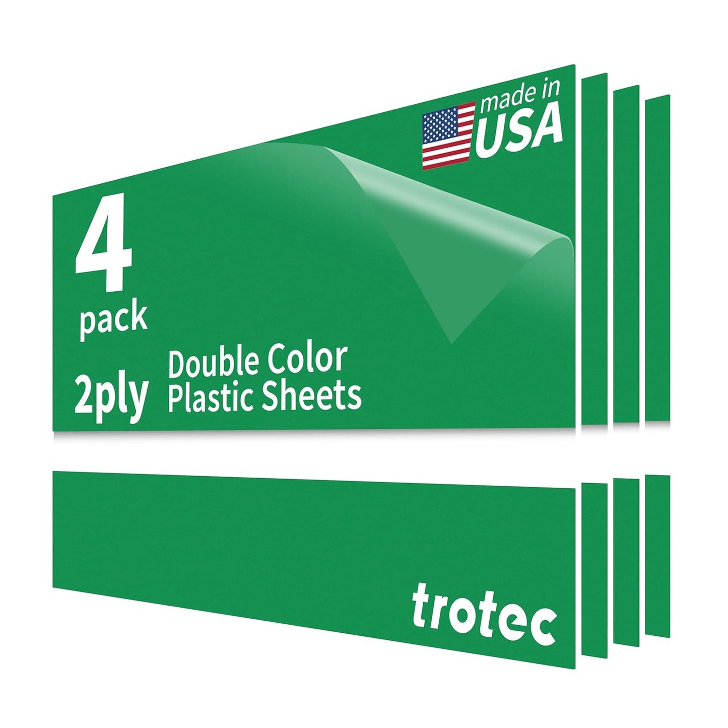 Trotec TroLase | 12"x20"x1/16", 4 Pcs | Bright Green/White | 2 Ply | Modified Acrylic | Laser Engraving Double Color Plastic Sheet | Engraving Blanks for Laser, Saw, Guillotine | Made in USA