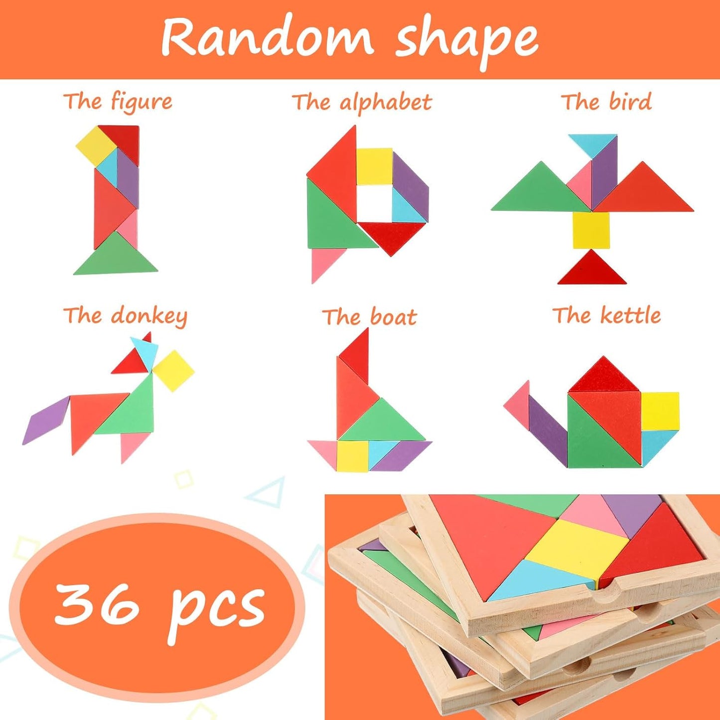 Shappy 36 Pieces Wooden Tangram Puzzles for Kids Educational Shape Puzzle Toys Geometric Pattern Brain Logic Puzzle Blocks for Students Educational Activities Back to School Gifts(Novelty Style)