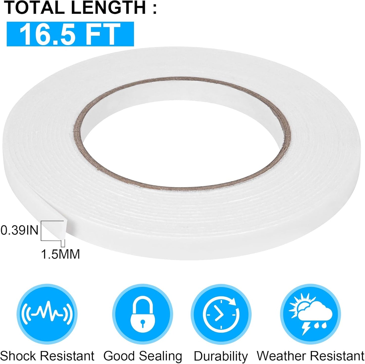 Double Sided Foam Tape 0.39In x 16.5FT, Mounting Tape Heavy Duty, Strong Adhesive Weatherproof Seal Strips for DIY Craft Picture Poster, Car & Gap Filling Mountings, Home Office Decor (White)